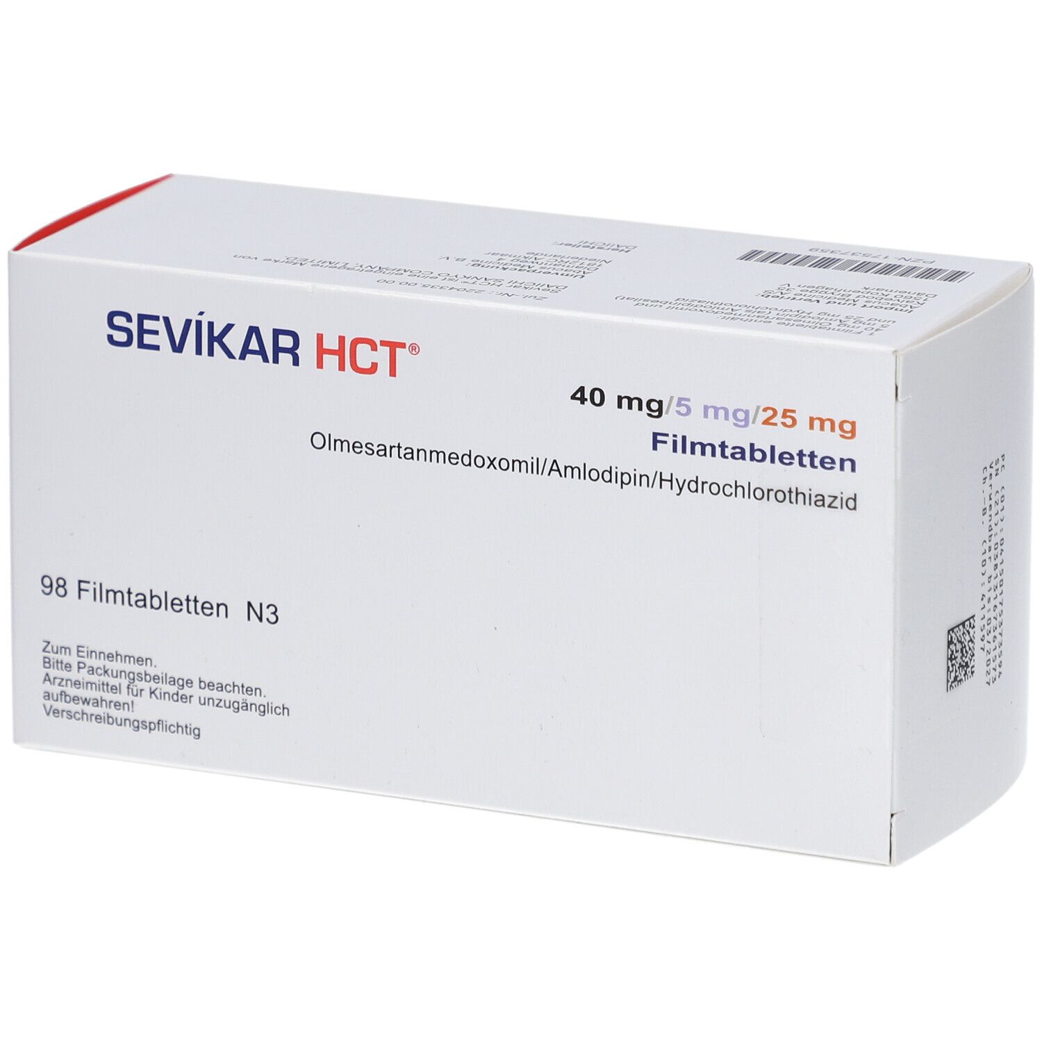 SEVIKAR HCT-Schachtel. Aufschrift: 40 mg/5 mg/25 mg Filmtabletten. 98 Filmtabletten N3. Enthält Olmesartanmedoxomil/Amlodipin/Hydrochlorothiazid.