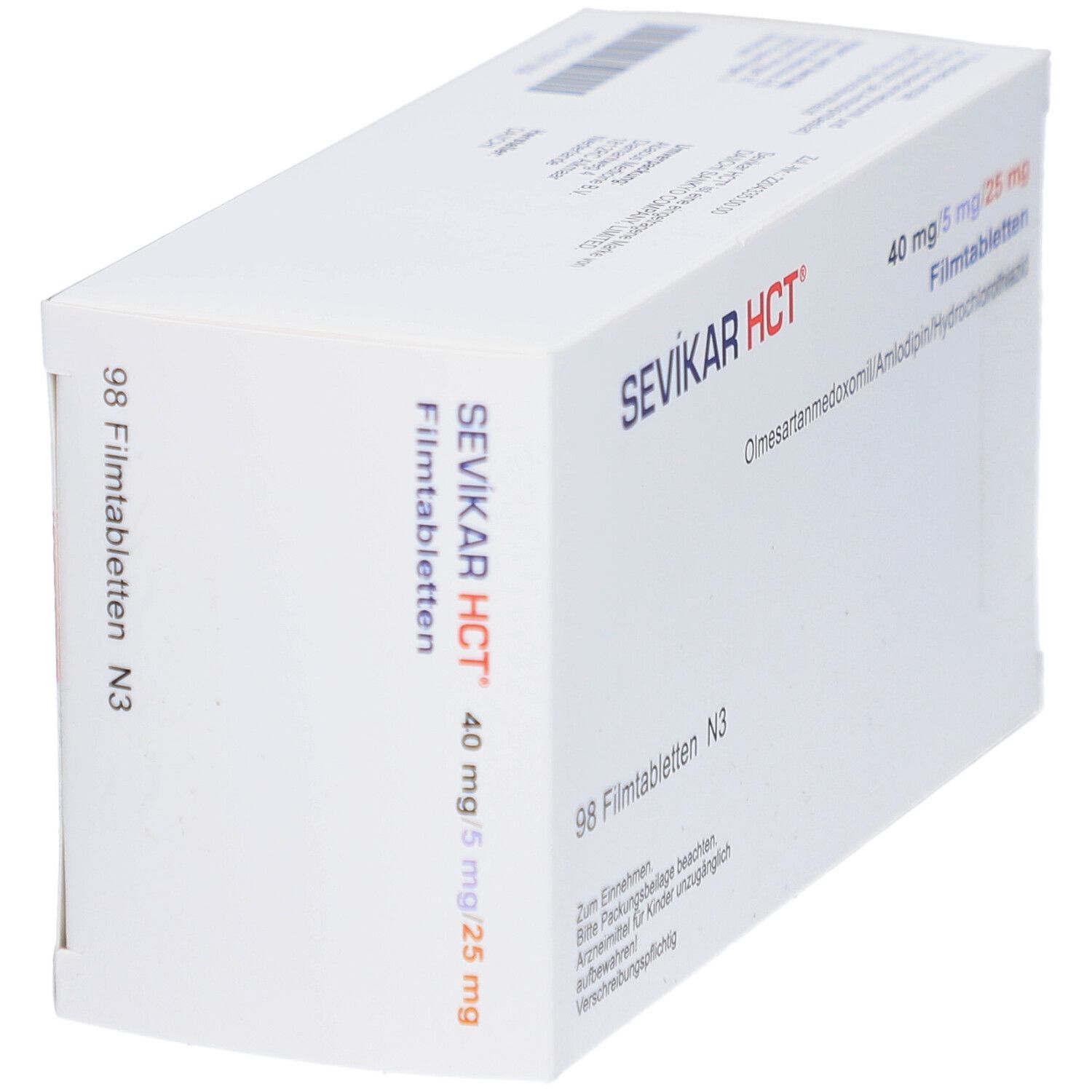 SEVIKAR HCT-Schachtel. Aufschrift: 40 mg/5 mg/25 mg Filmtabletten. 98 Filmtabletten N3. Weiße Verpackung mit rotem Akzent.
