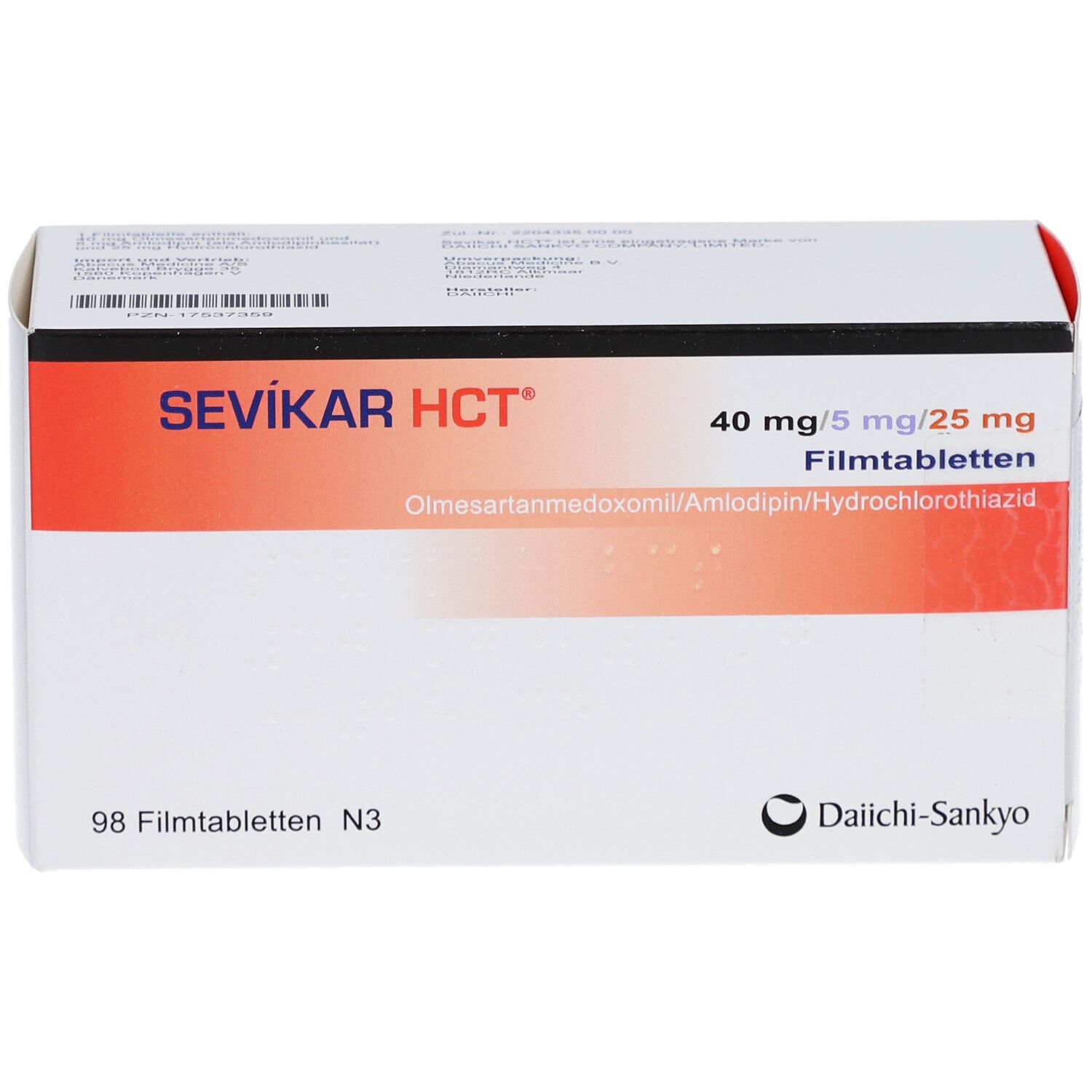 SEVIKAR HCT-Schachtel. Aufschrift: 40 mg/5 mg/25 mg Filmtabletten. 98 Filmtabletten N3. Logo Daiichi-Sankyo. Weiße Verpackung mit rotem Akzent.