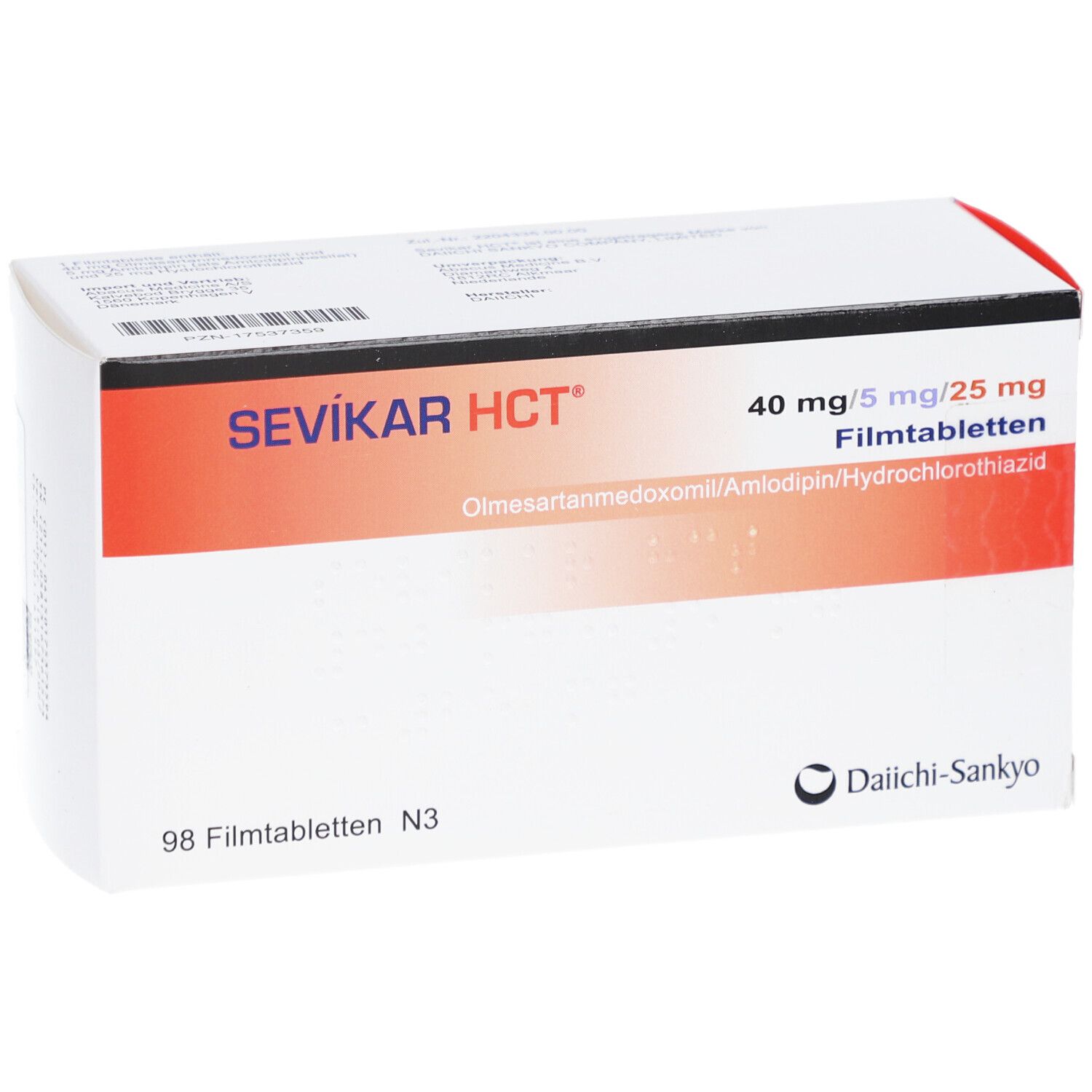 Schachtel mit SEVIKAR HCT Filmtabletten. Aufdruck: 40 mg/5 mg/25 mg, 98 Filmtabletten N3. Logo Daiichi-Sankyo.