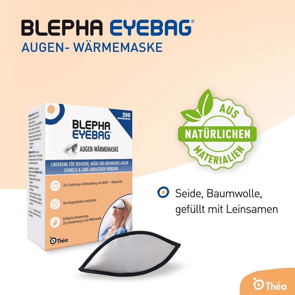 BLEPHA EYEBAG Augen-Wärmemaske. Augenmaske und Verpackung. Aus natürlichen Materialien: Seide, Baumwolle, Leinsamen.