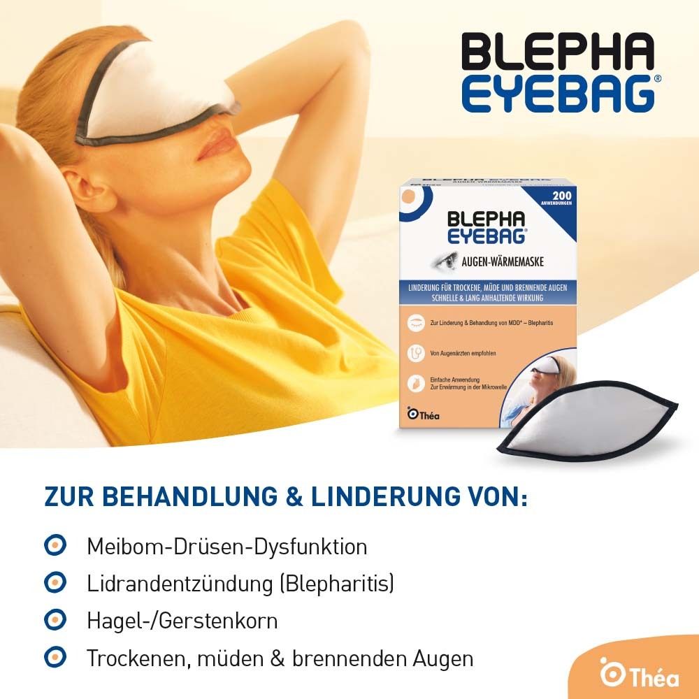 BLEPHA EYEBAG Augen-Wärmemaske. Verpackung mit Produktinformationen. Zur Behandlung von Meibom-Drüsen-Dysfunktion, etc.