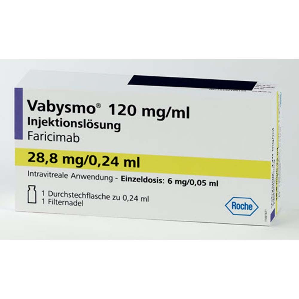 Schachtel mit Vabysmo 120 mg/ml Injektionslösung. Gelber Streifen mit Angaben. Roche-Logo.