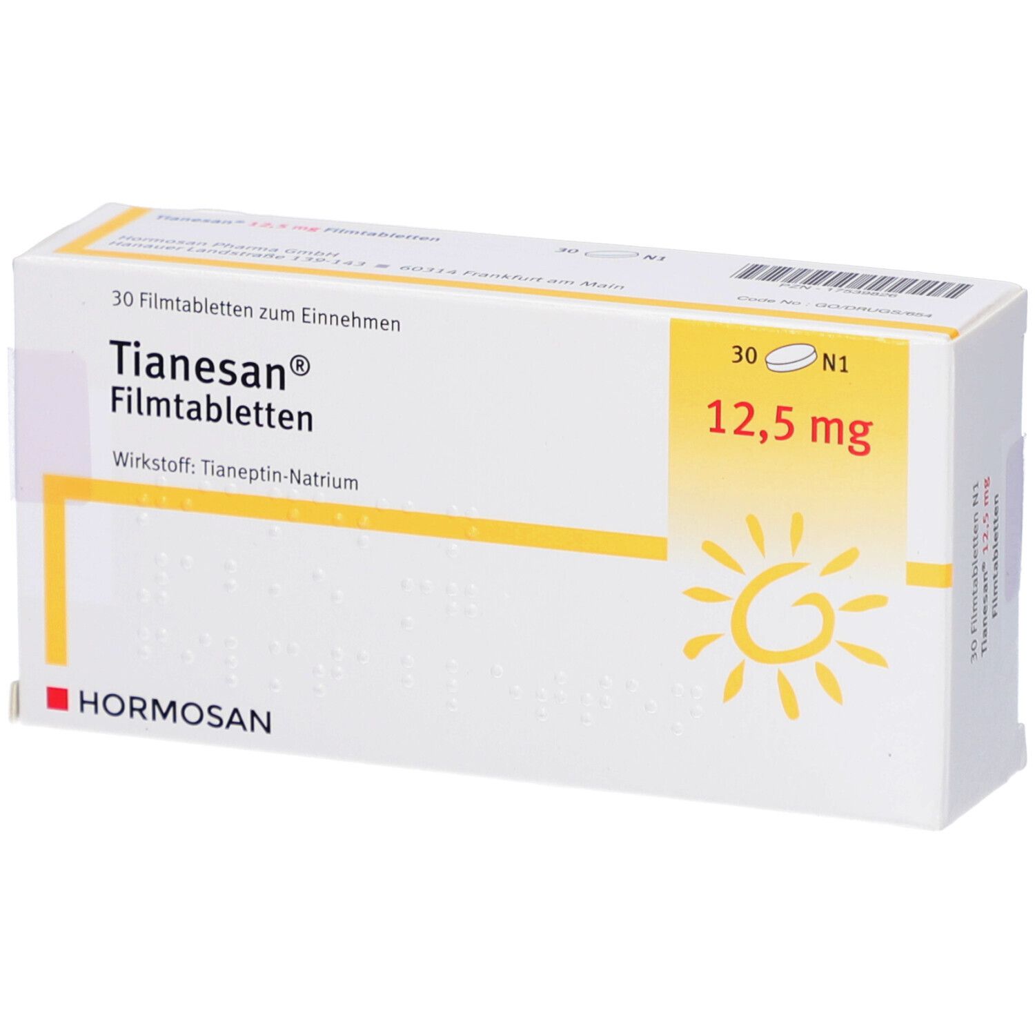 Schachtel mit TIANESAN 12,5 mg Filmtabletten. Aufschrift: 30 Filmtabletten, 12,5 mg, Hormosan.