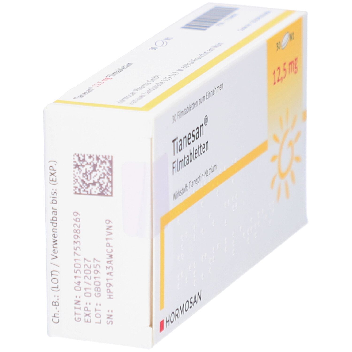 Schachtel TIANESAN 12,5 mg Filmtabletten. Seitenansicht mit Chargennummer, Verfallsdatum und Barcode.