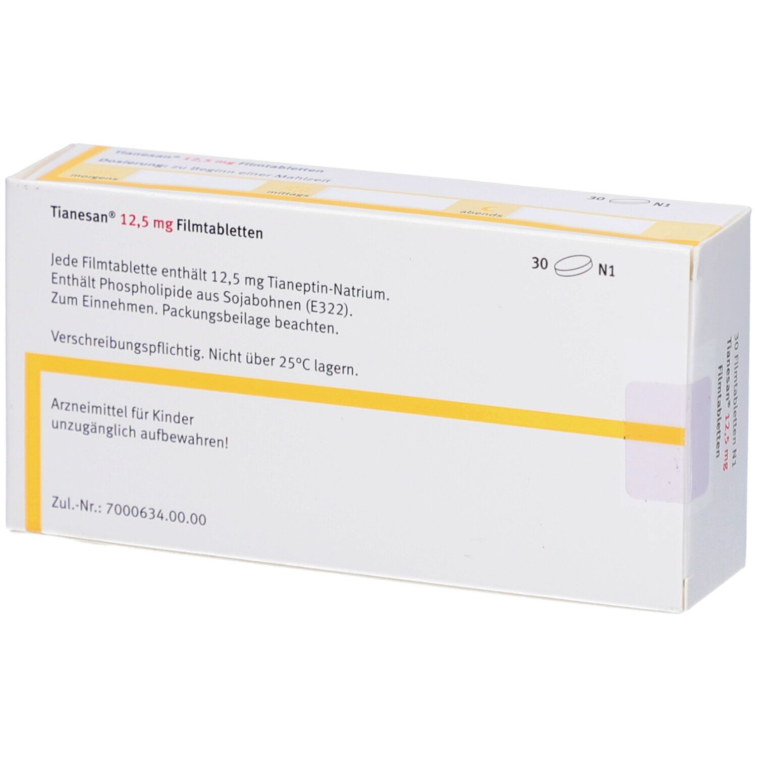 Rückseite der Schachtel mit TIANESAN 12,5 mg Filmtabletten. Text: 30 Tabletten, Wirkstoff, Hinweise.