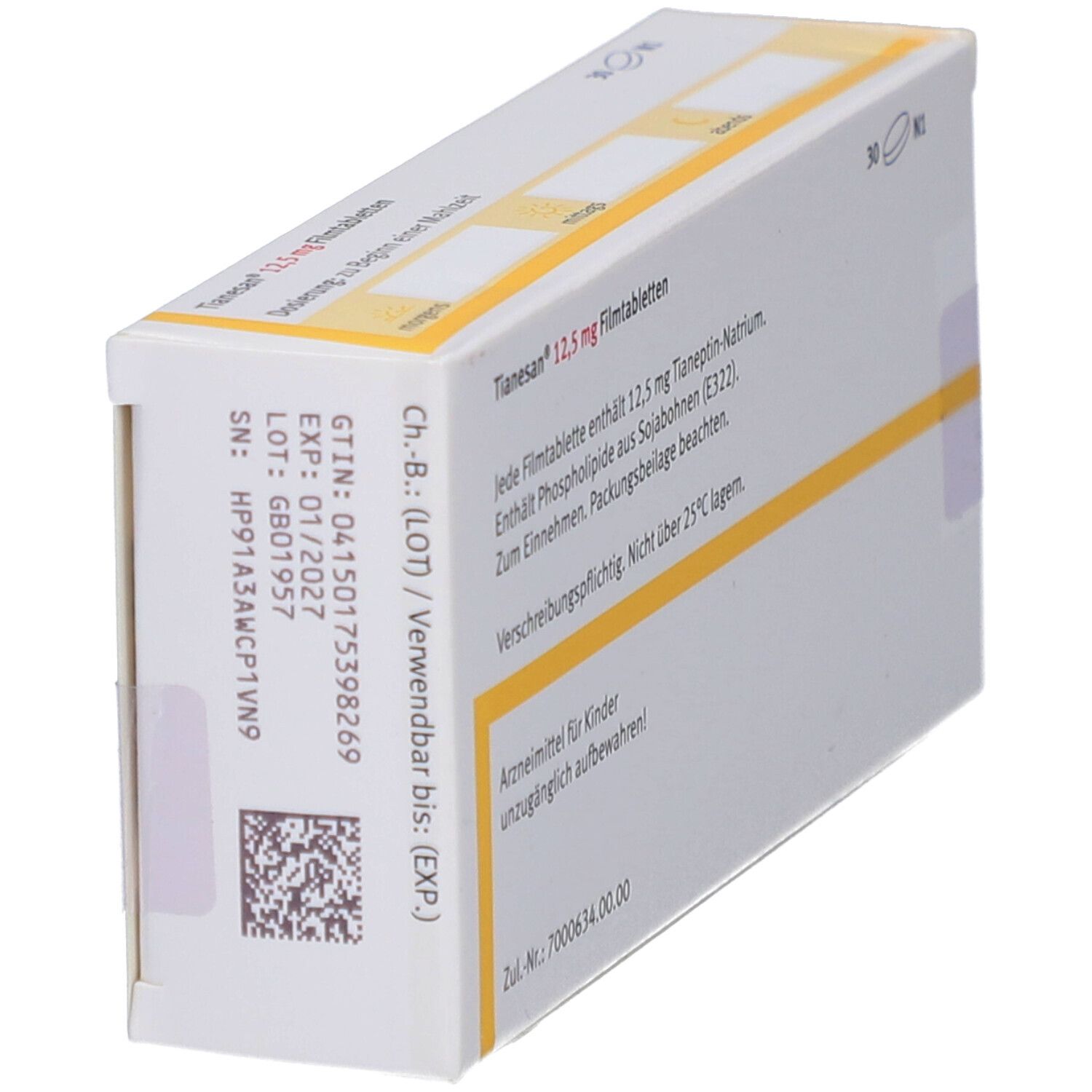 Seitenansicht der Schachtel mit TIANESAN 12,5 mg Filmtabletten. Chargennummer, Verfallsdatum, Text.