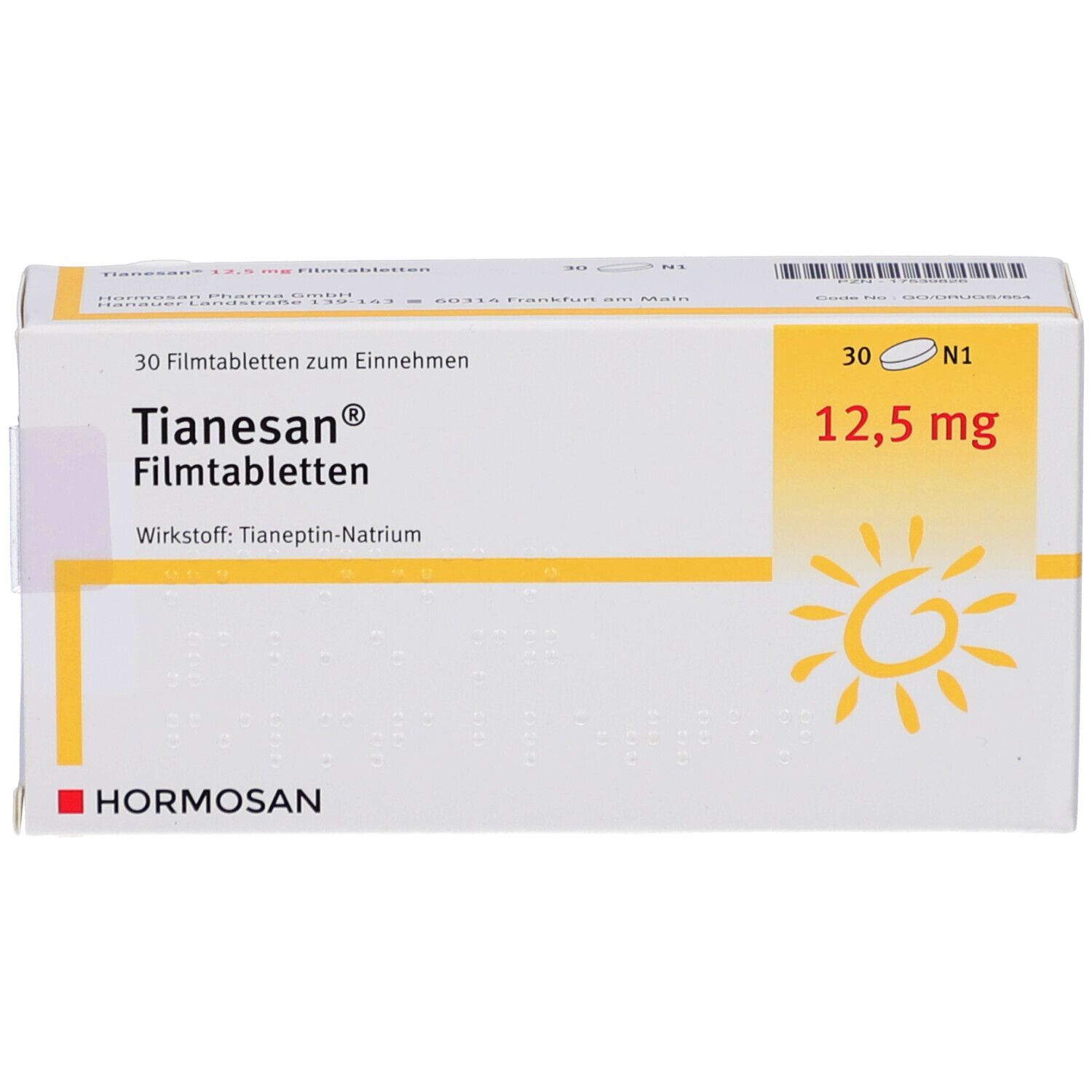 Schachtel mit TIANESAN 12,5 mg Filmtabletten. Aufschrift: 30 Filmtabletten, 12,5 mg, Hormosan.