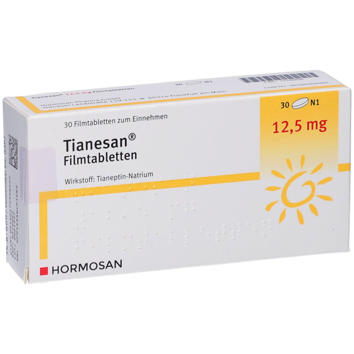 Schachtel mit TIANESAN 12,5 mg Filmtabletten. Aufschrift: 30 Filmtabletten, 12,5 mg, Hormosan.