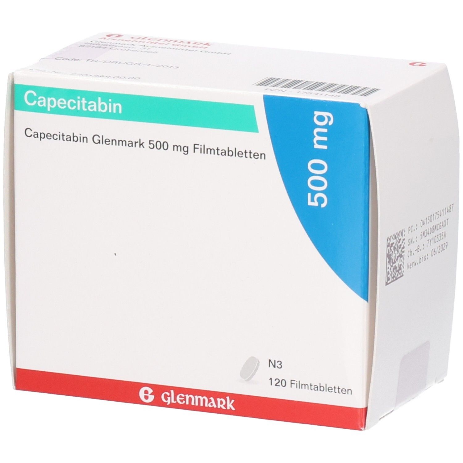 Schachtel mit Capecitabin Glenmark 500 mg Filmtabletten. Aufschrift: 500 mg, 120 Filmtabletten. Marke: Glenmark.