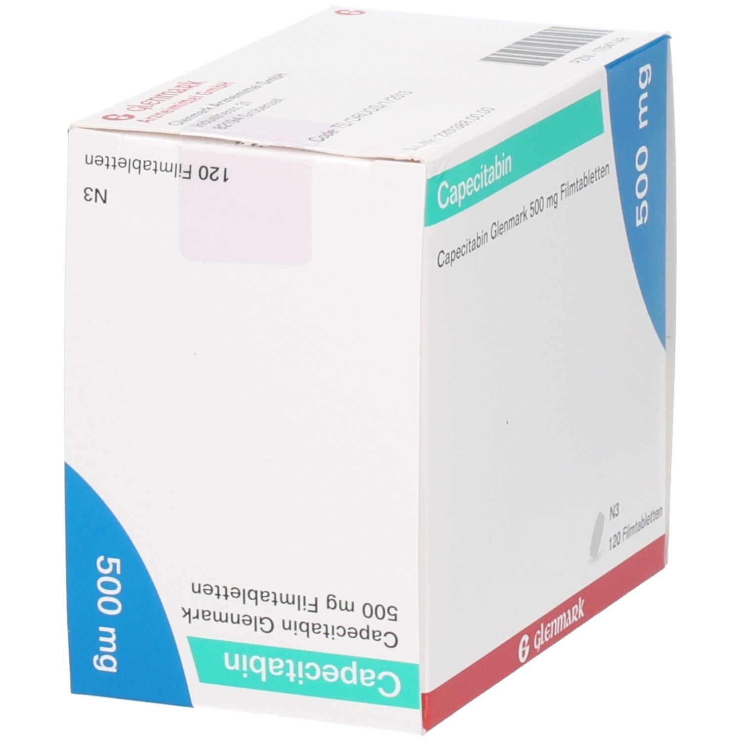 Schachtel mit Capecitabin Glenmark 500 mg Filmtabletten. Aufschrift: 500 mg, 120 Filmtabletten. Marke: Glenmark.