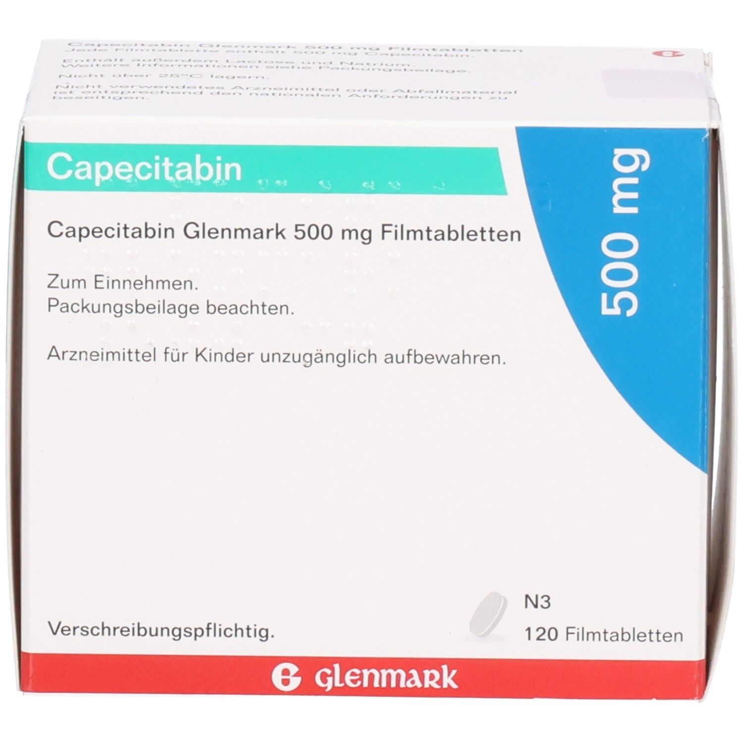 Schachtel mit Capecitabin Glenmark 500 mg Filmtabletten. Aufschrift: 500 mg, 120 Filmtabletten. Marke: Glenmark.