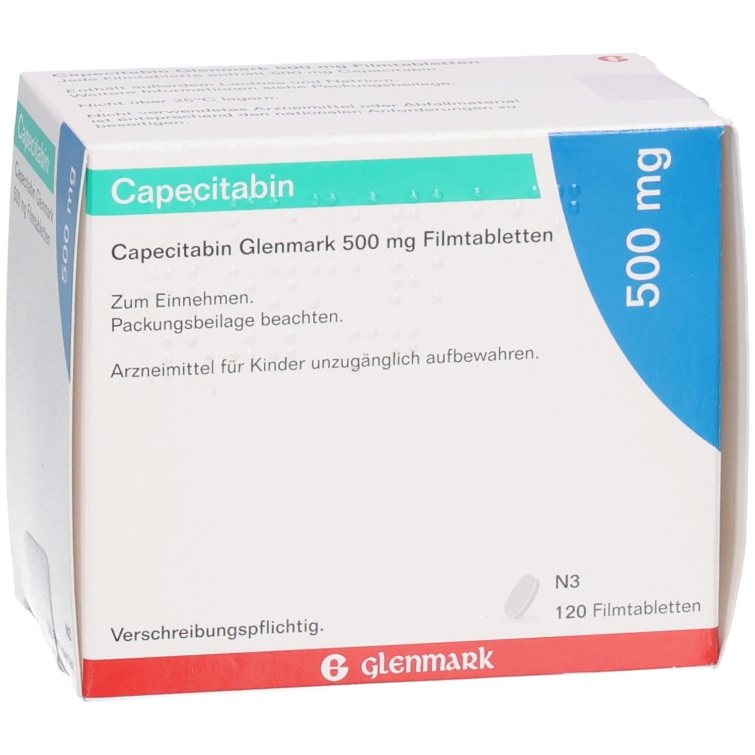 Schachtel mit Capecitabin Glenmark 500 mg Filmtabletten. Aufschrift: 500 mg, 120 Filmtabletten. Marke: Glenmark.