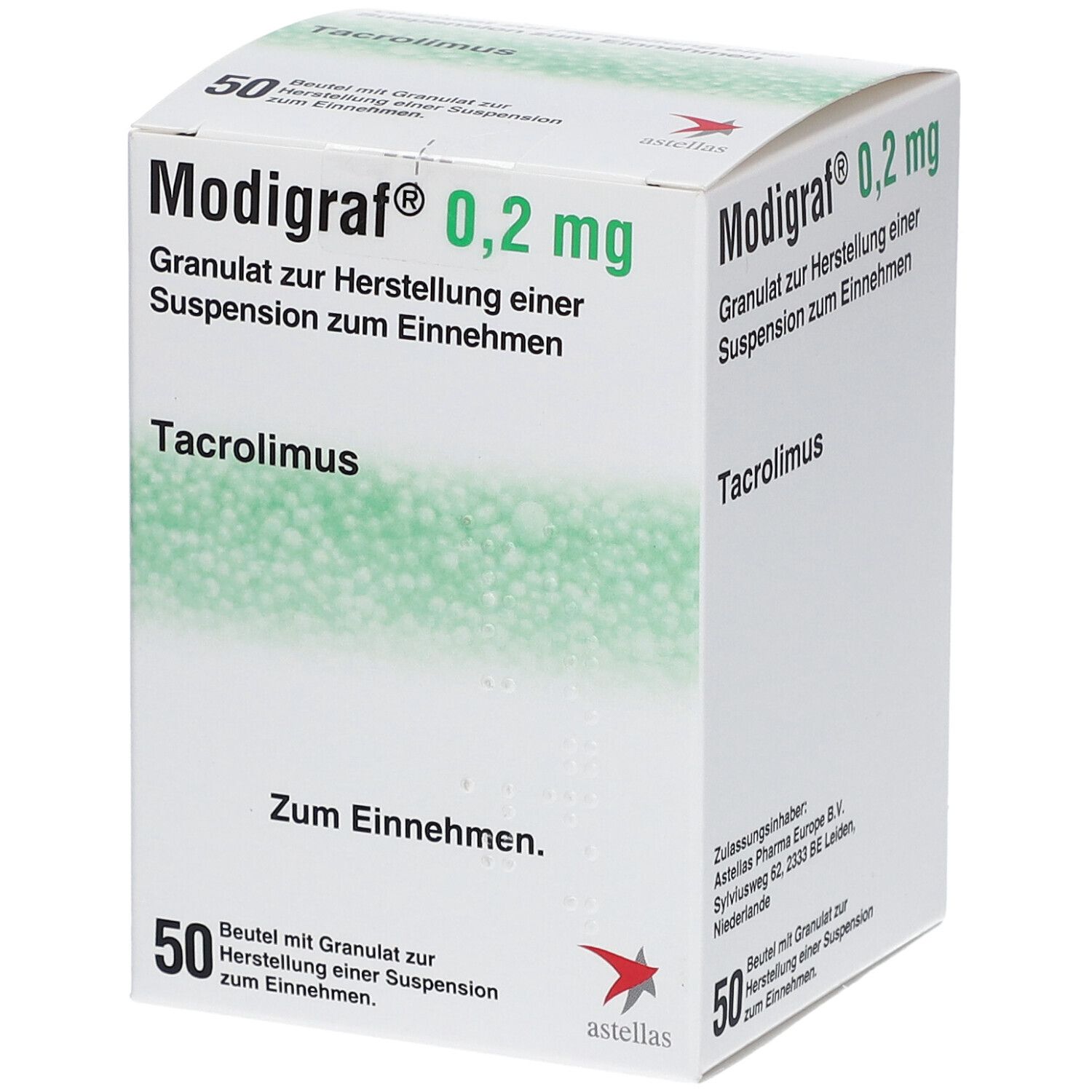 Weiße Faltschachtel mit grüner Schrift. Aufdruck: Modigraf 0,2 mg, Granulat zur Herstellung einer Suspension. 50 Beutel.