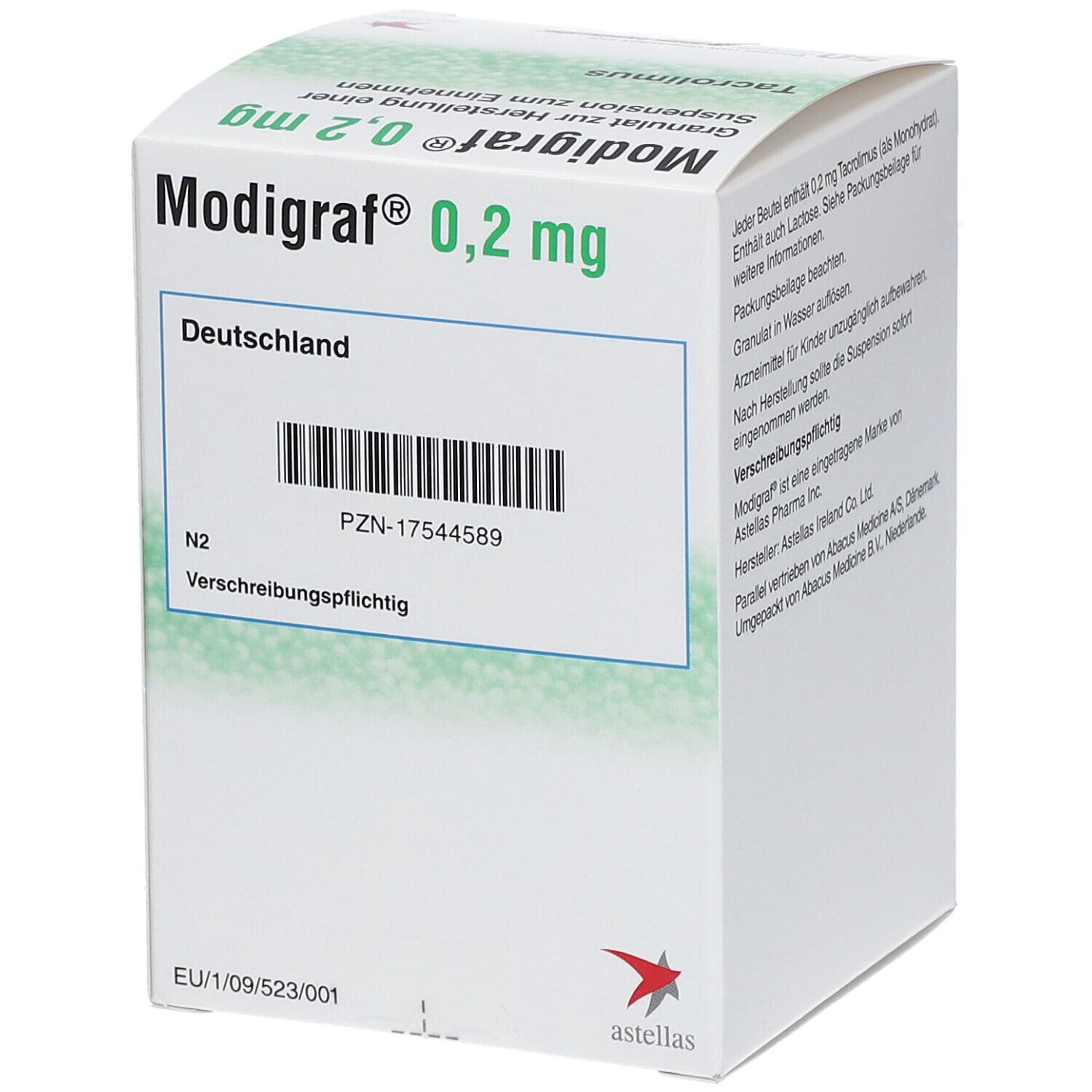Weiße Faltschachtel mit grüner Schrift. Aufdruck: Modigraf 0,2 mg, Granulat zur Herstellung einer Suspension. Barcode und Text.