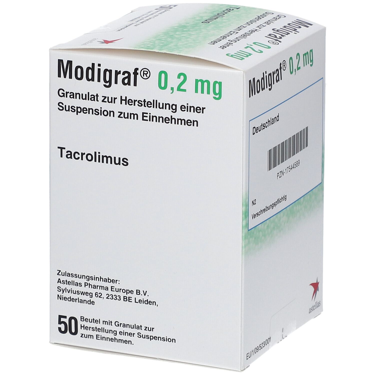 Weiße Faltschachtel mit grüner Schrift. Aufdruck: Modigraf 0,2 mg, Granulat zur Herstellung einer Suspension. 50 Beutel.