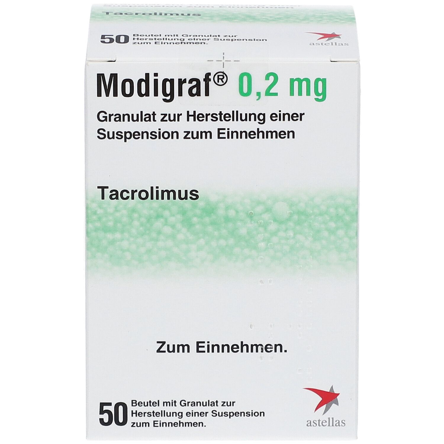 Weiße Faltschachtel mit grüner Schrift. Aufdruck: Modigraf 0,2 mg, Granulat zur Herstellung einer Suspension. 50 Beutel.