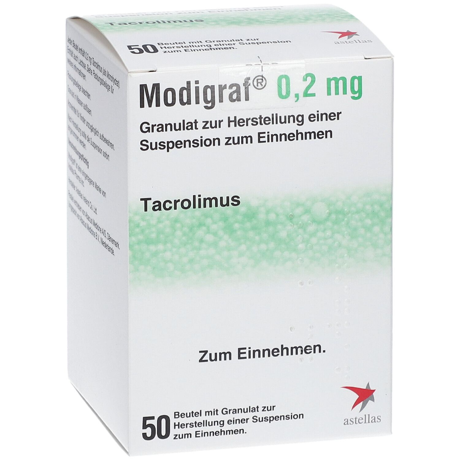 Weiße Faltschachtel mit grüner Schrift. Aufdruck: Modigraf 0,2 mg, Granulat zur Herstellung einer Suspension. 50 Beutel.