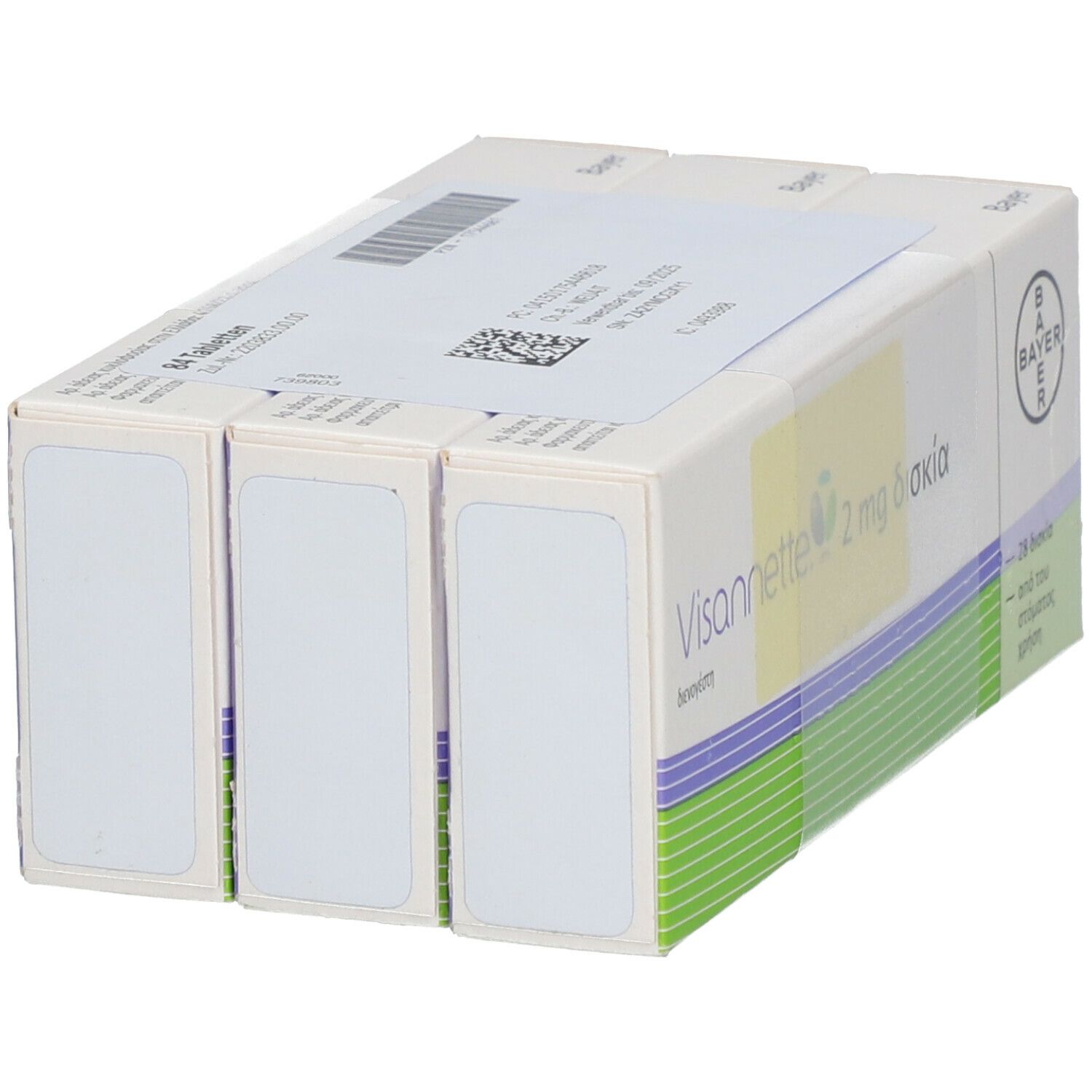 Drei Packungen mit weißer und grüner Verpackung. Auf der Verpackung steht "Visannette 2 mg". Ein Aufkleber mit Barcode bedeckt die Oberseite.
