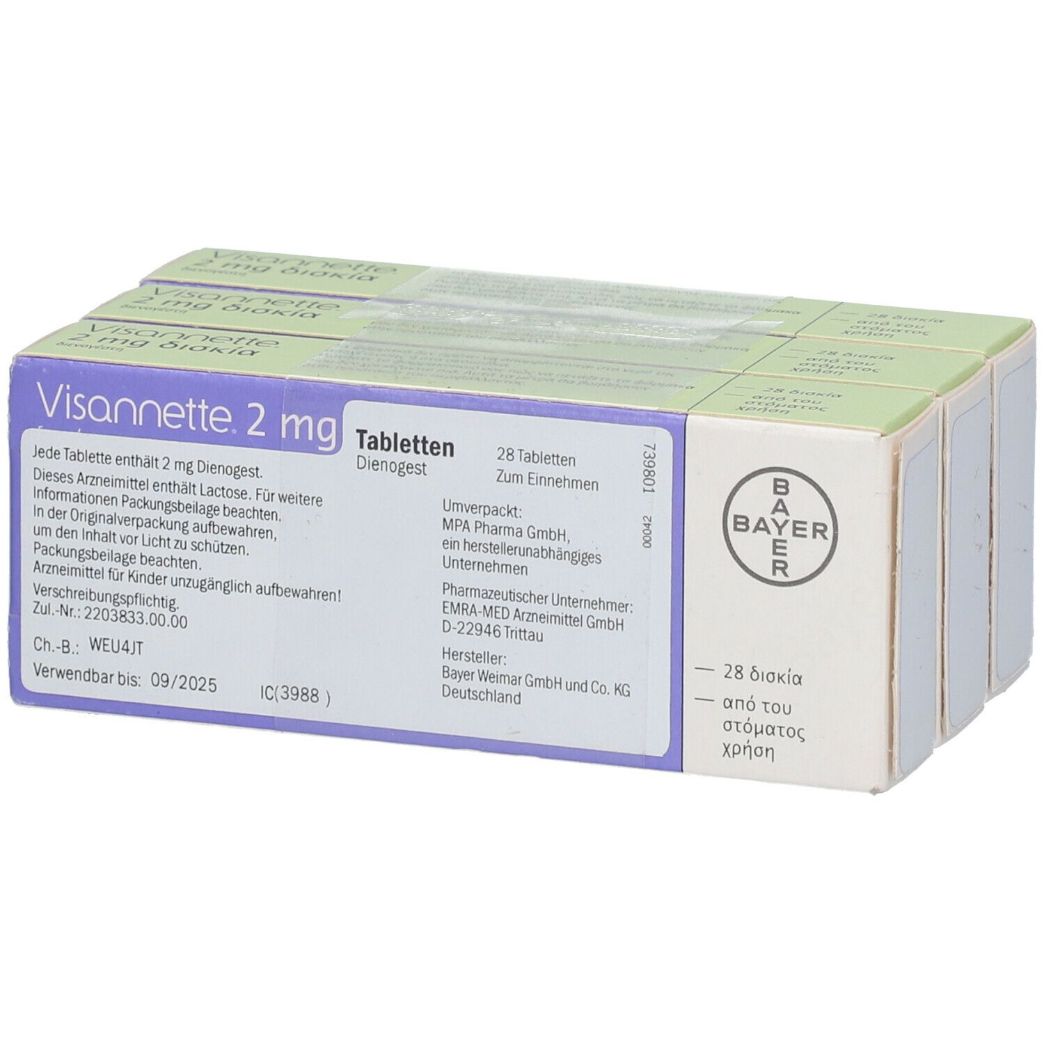 Eine Packung mit weißer und grüner Verpackung. Auf der Verpackung steht "Visannette 2 mg". Das Bayer-Logo ist sichtbar. Text in Deutsch und Griechisch.