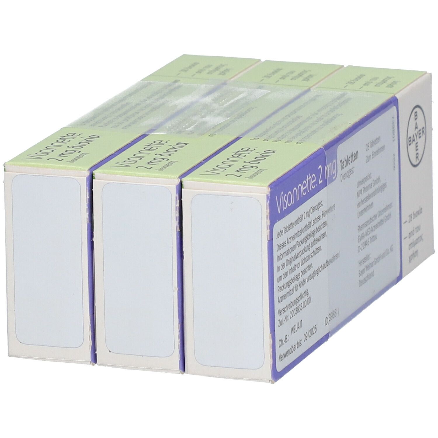 Drei Packungen mit weißer und grüner Verpackung. Auf der Verpackung steht "Visannette 2 mg". Das Bayer-Logo ist sichtbar.