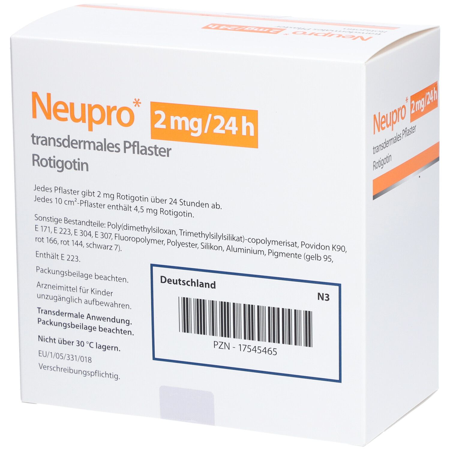 Weiße Kartonverpackung mit orangefarbenem Streifen. Aufdruck: Neupro 2 mg/24 h, transdermales Pflaster, Rotigotin. Text und Barcode.