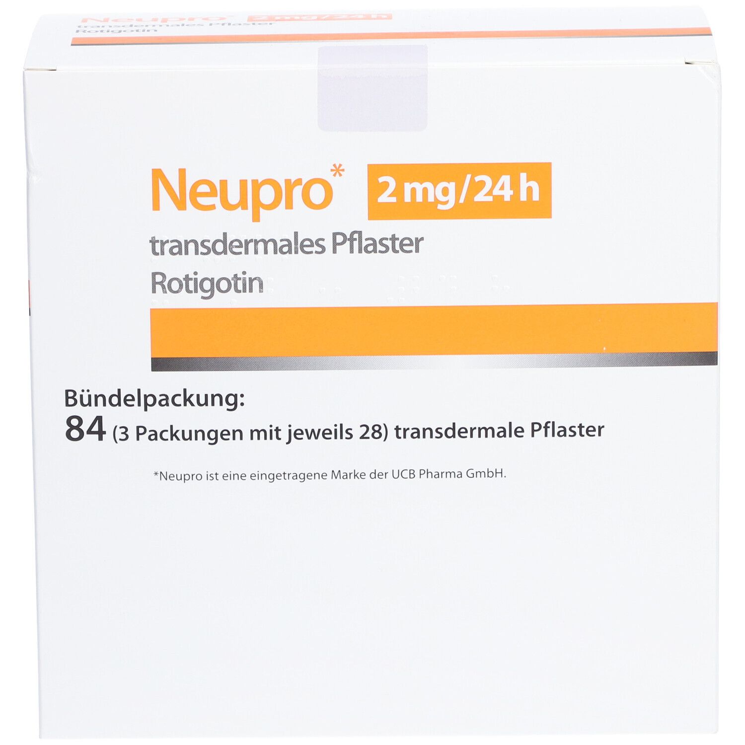 Weiße Kartonverpackung mit orangefarbenem Streifen. Aufdruck: Neupro 2 mg/24 h, transdermales Pflaster, Rotigotin. Bündelpackung: 84 Pflaster.