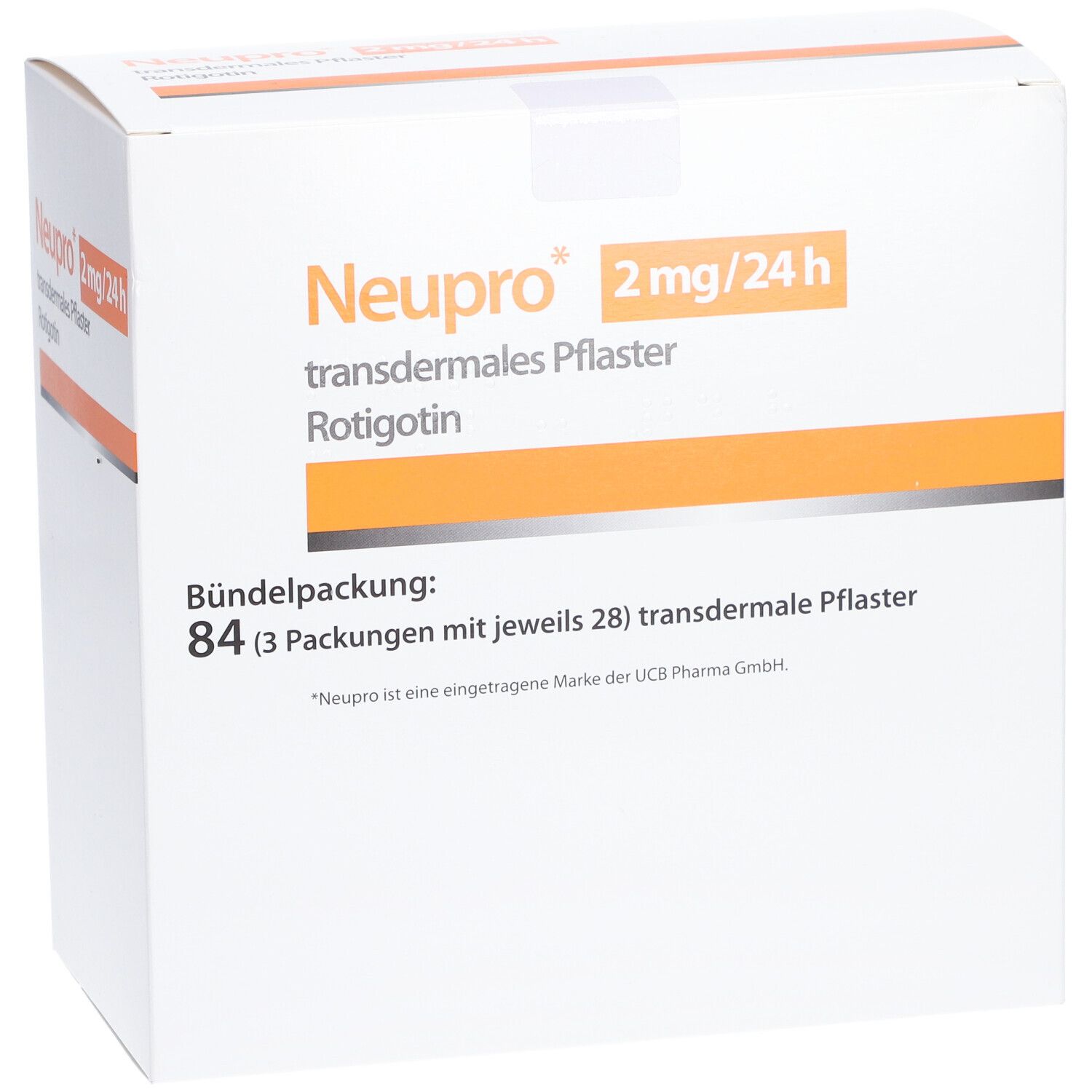 Weiße Kartonverpackung mit orangefarbenem Streifen. Aufdruck: Neupro 2 mg/24 h, transdermales Pflaster, Rotigotin. Bündelpackung: 84 Pflaster.
