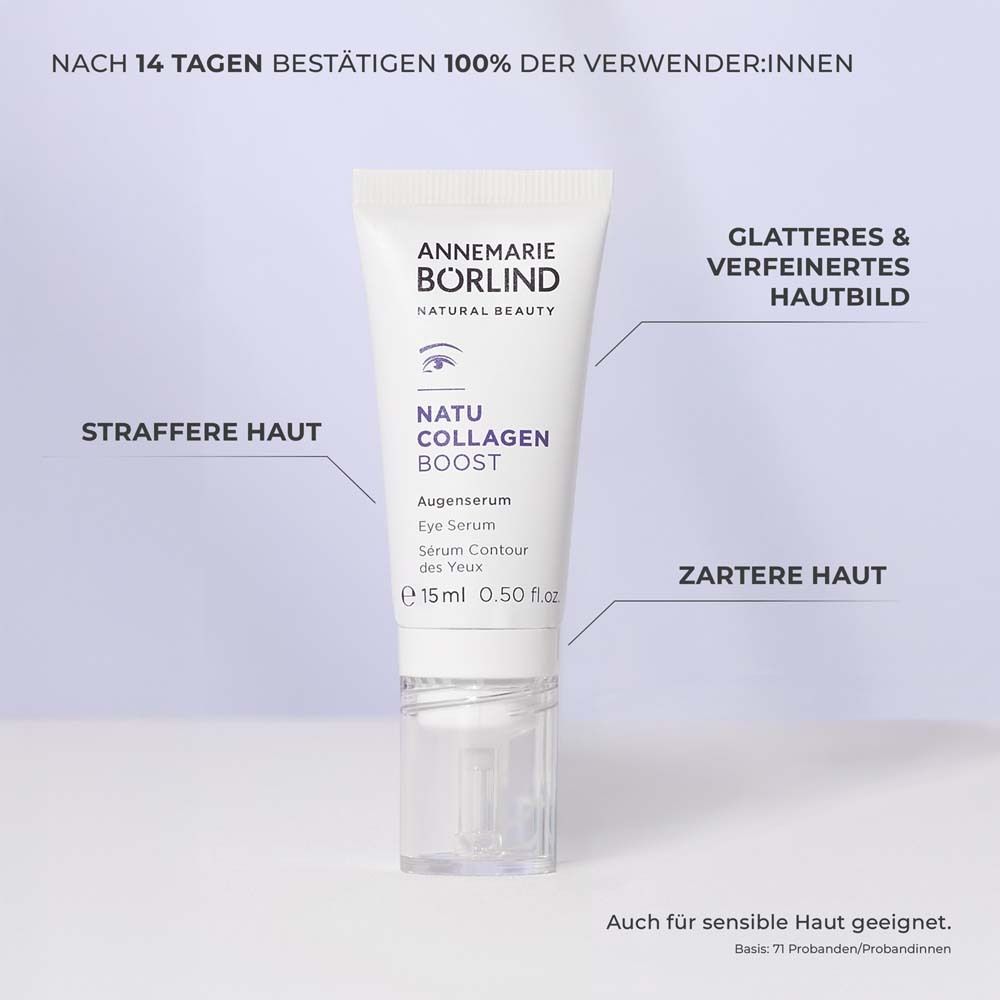 Weiße Tube mit lila Schrift. Enthält Augenserum. Marke: ANNEMARIE BÖRLIND. Text: straffere Haut.