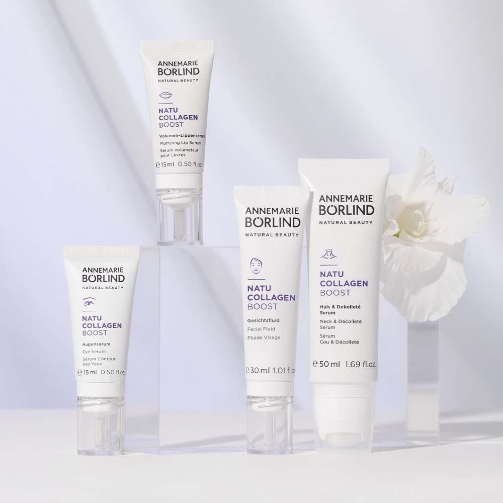 Vier Produkte. Marke: ANNEMARIE BÖRLIND. Produkte: Augenserum, Gesichtsfluid, Gesichtscreme.
