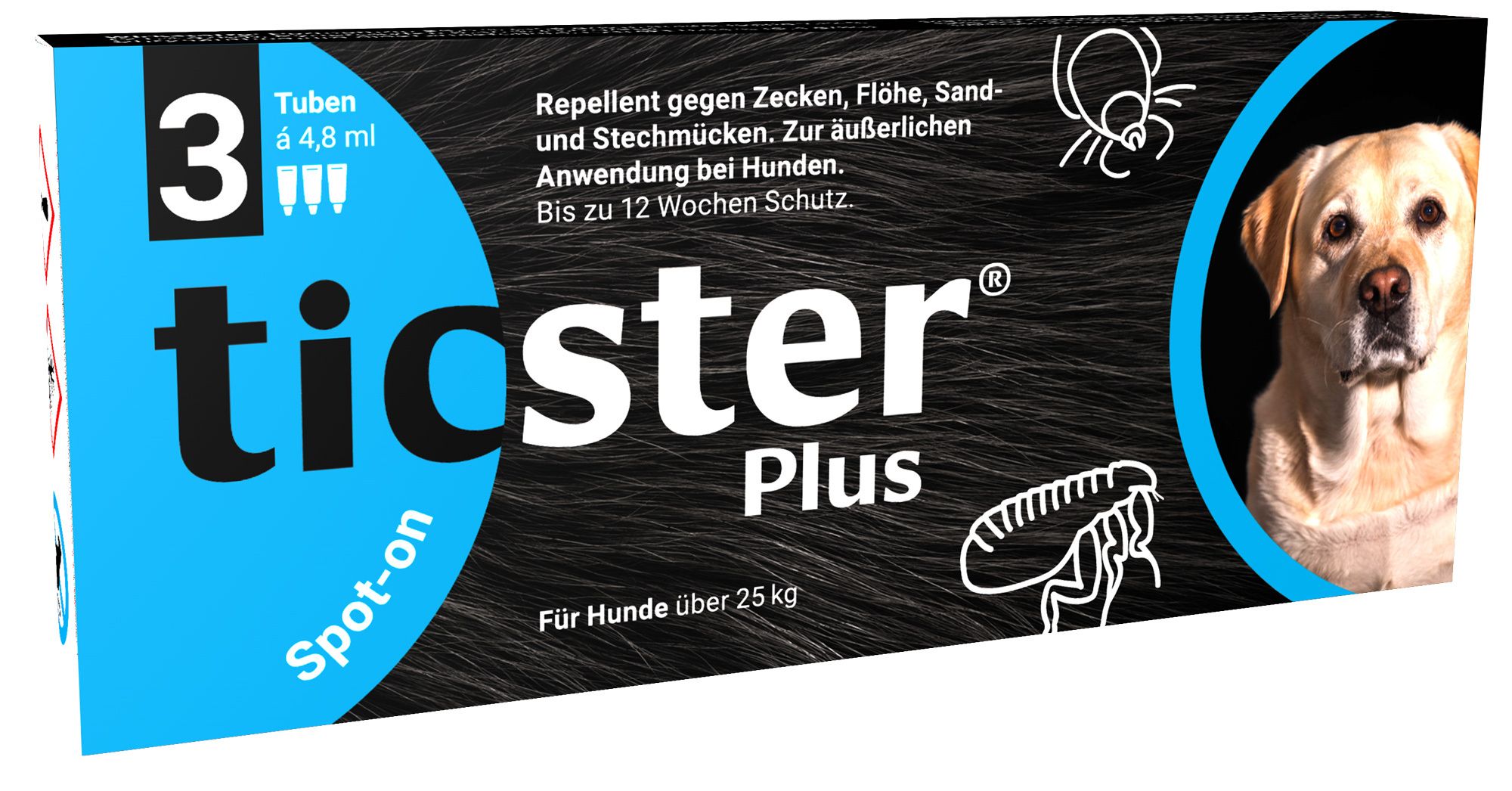 Verpackung von ticster® Plus Spot-on für Hunde. Enthält 3 Tuben. Aufdruck: Repellent gegen Zecken, Flöhe, Sand- und Stechmücken.