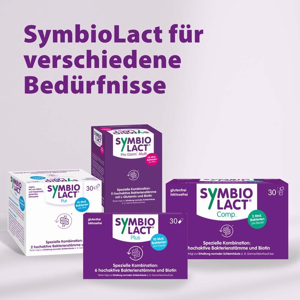 Verschiedene SymbioLact Produkte. Text: SymbioLact für verschiedene Bedürfnisse. Pro Dermo, Plus, Comp.
