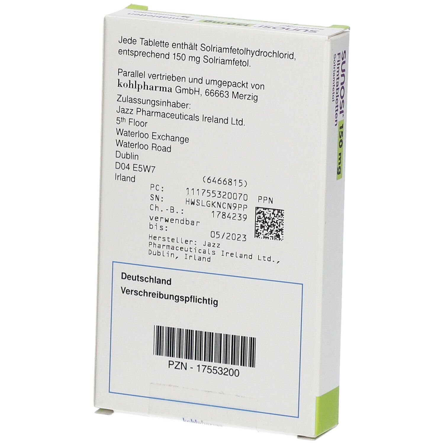 Rückseite der SUNOSI-Schachtel. Enthält Informationen zu Inhaltsstoffen, Hersteller, Chargennummer und Verfallsdatum. Barcode und PZN-Nummer.