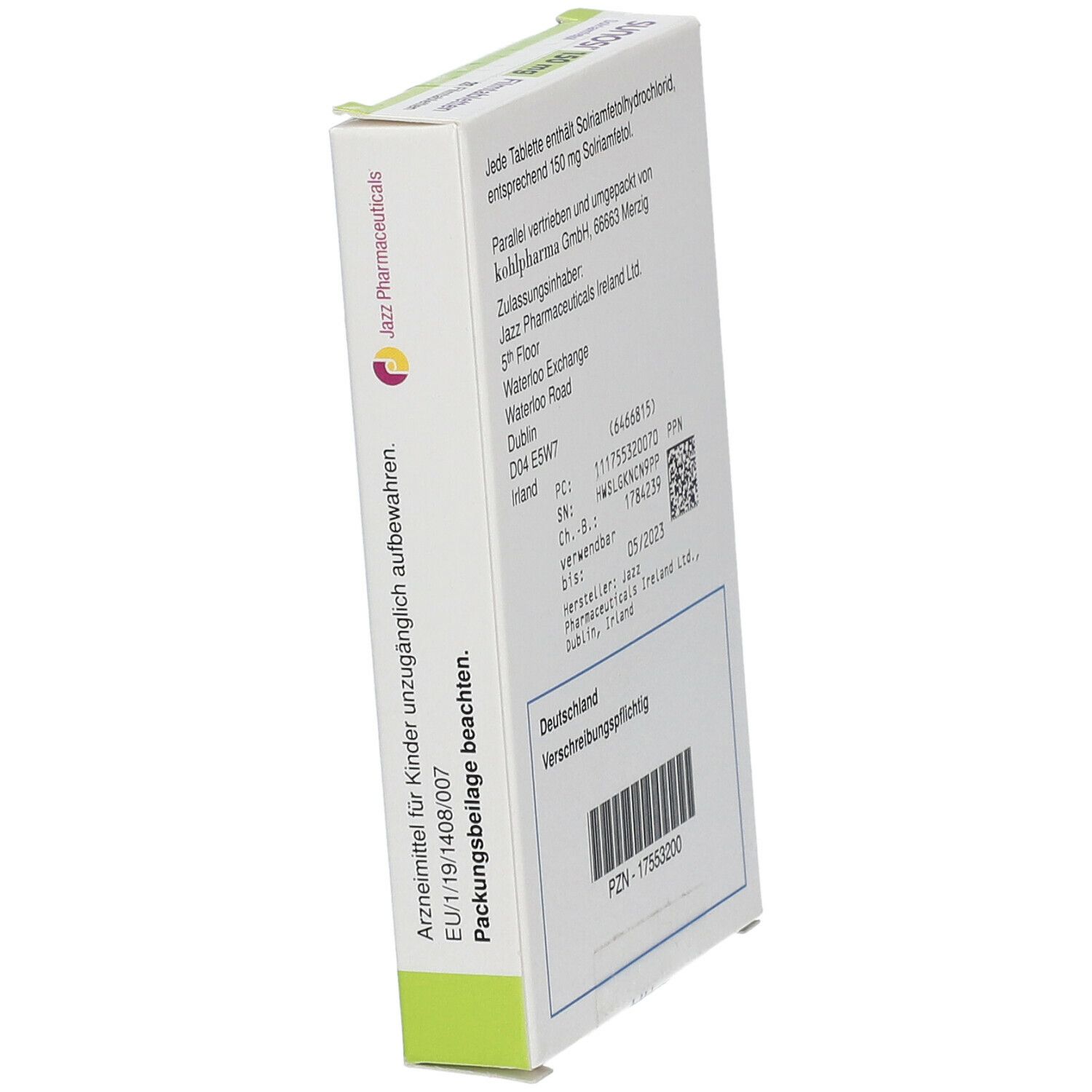 Seitenansicht der SUNOSI-Schachtel. Enthält Informationen zu Inhaltsstoffen, Hersteller, Chargennummer und Verfallsdatum. Barcode und PZN-Nummer.