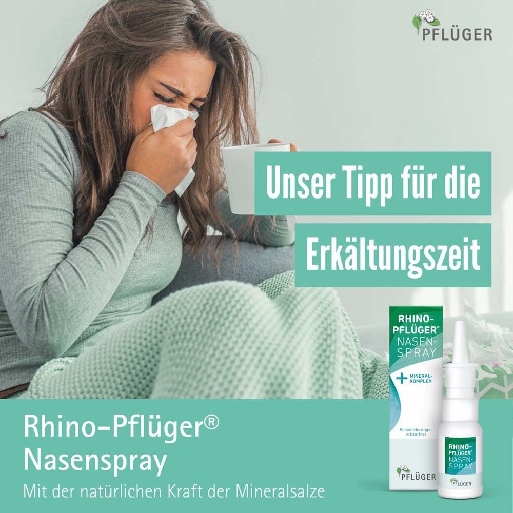 Frau mit Taschentuch. Rhino-Pflüger Nasenspray und Verpackung. Text: Unser Tipp für die Erkältungszeit. Mit Mineralkomplex.