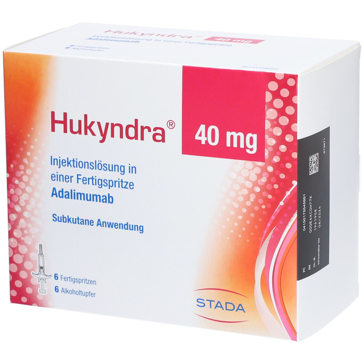 Hukyndra 40 mg Fertigspritze-Packung. Enthält 6 Fertigspritzen und Alkoholtupfer. STADA-Logo.