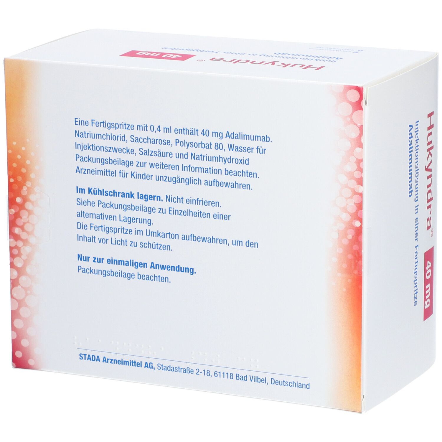 Rückseite der Hukyndra 40 mg-Packung. Text: Inhaltsstoffe, Lagerungshinweise, Herstellerinformationen.
