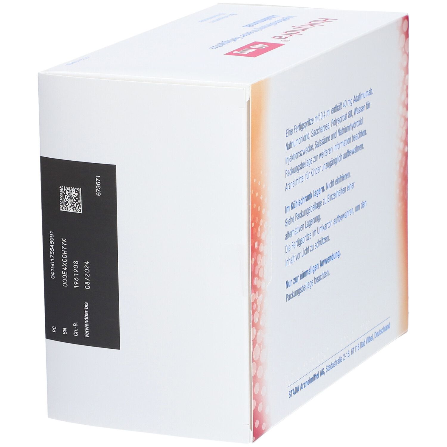 Hukyndra 40 mg-Packung, schräg. QR-Code und Chargennummer. Text: Verfallsdatum.