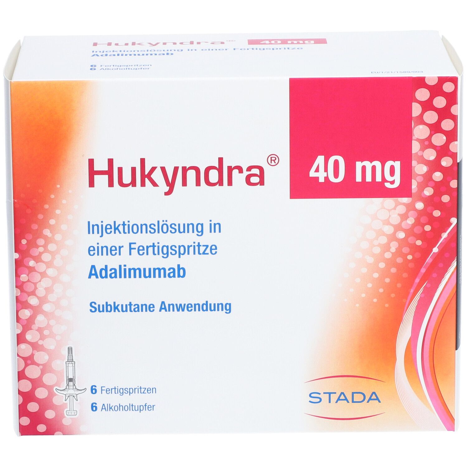Hukyndra 40 mg-Packung. Enthält 6 Fertigspritzen und Alkoholtupfer. STADA-Logo.