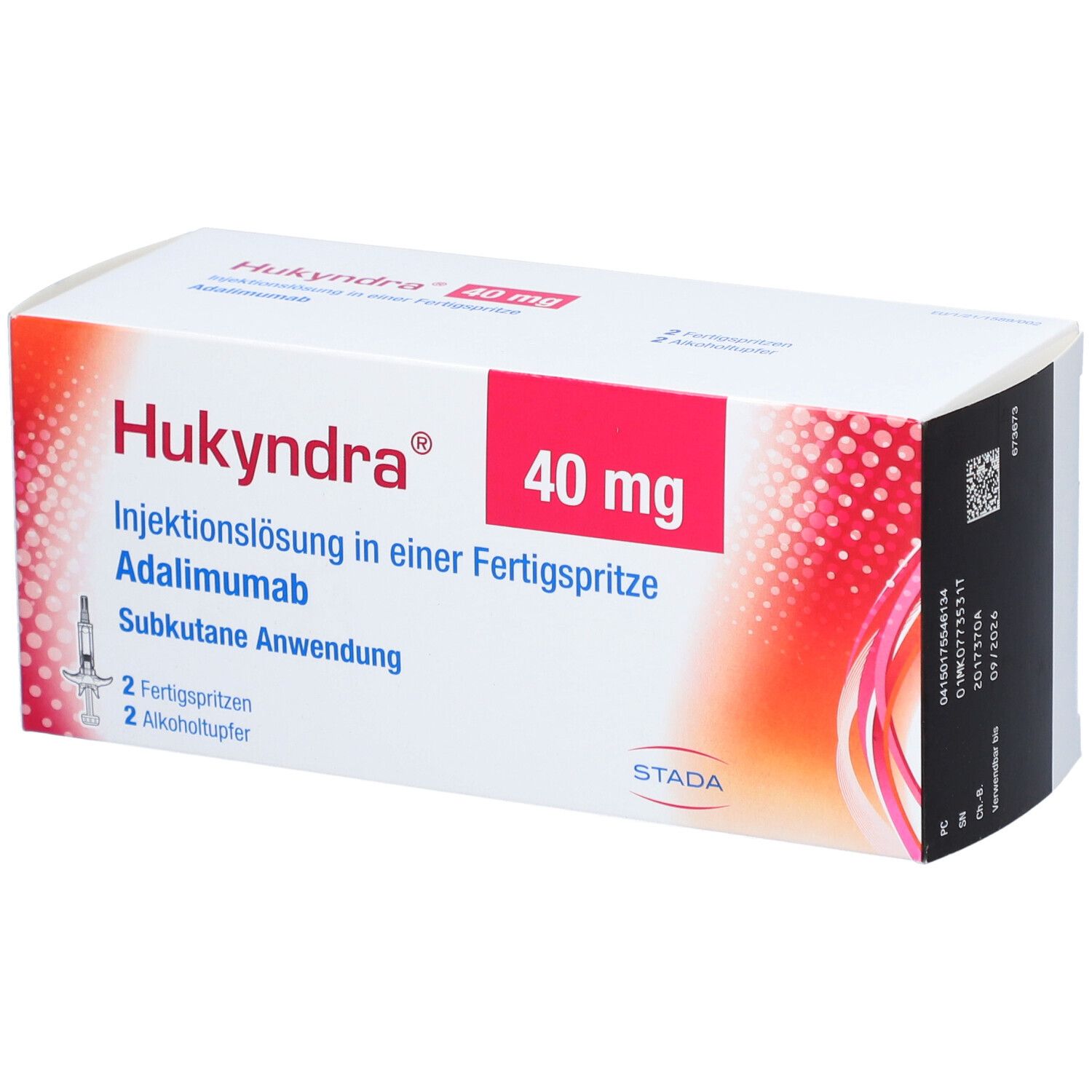 Verpackung von Hukyndra. Aufschrift: 40 mg, Injektionslösung in Fertigspritze. Enthält 2 Fertigspritzen und Alkoholtupfer.