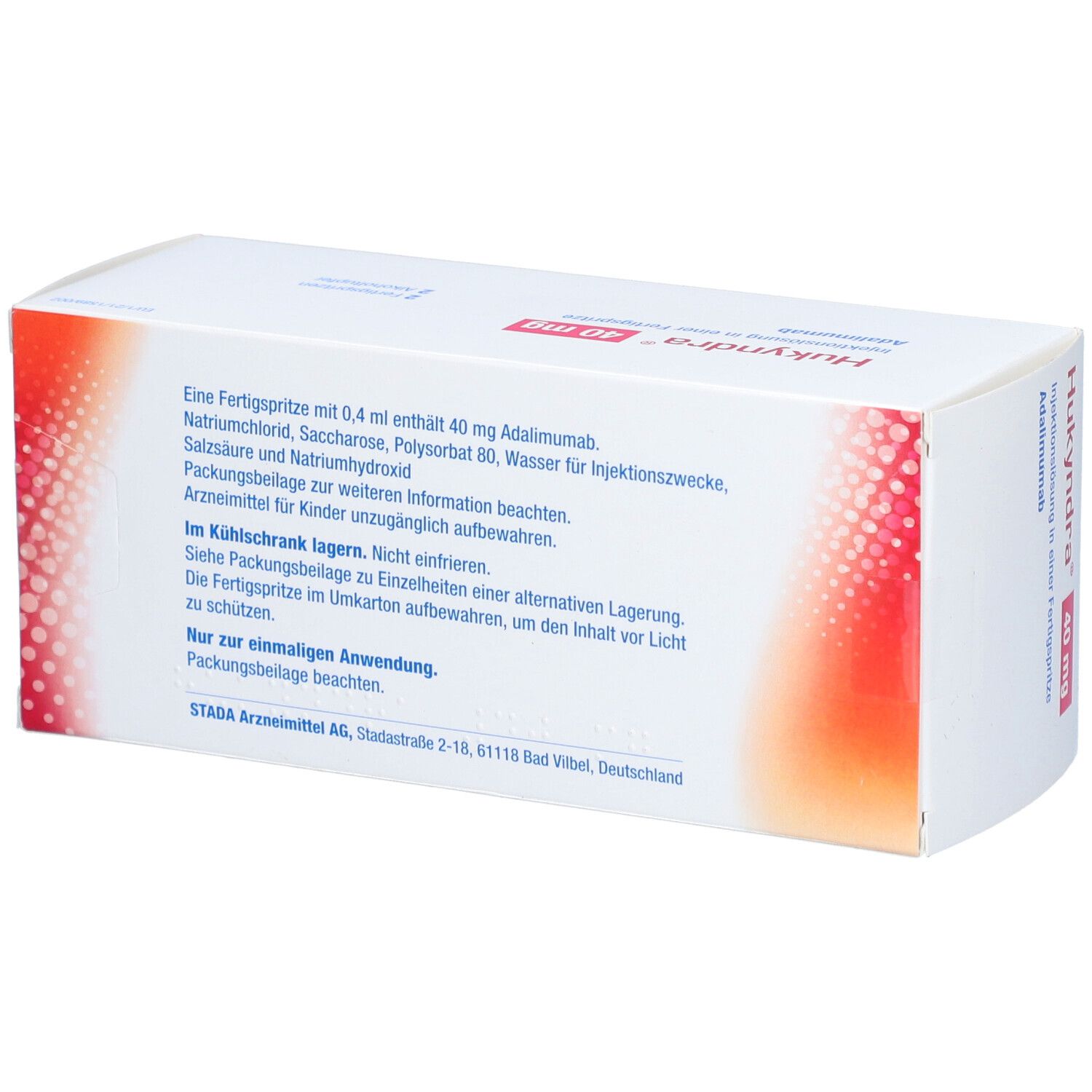 Rückseite der Hukyndra-Verpackung. Textinformationen. STADA-Logo. Hinweis: Kühl lagern.