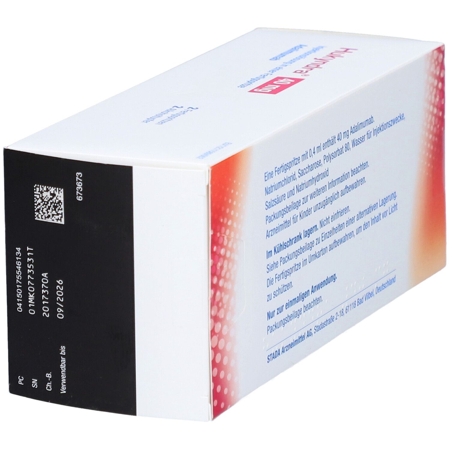 Schrägansicht der Hukyndra-Verpackung. Textinformationen. QR-Code. Verwendbar bis 09/2026.