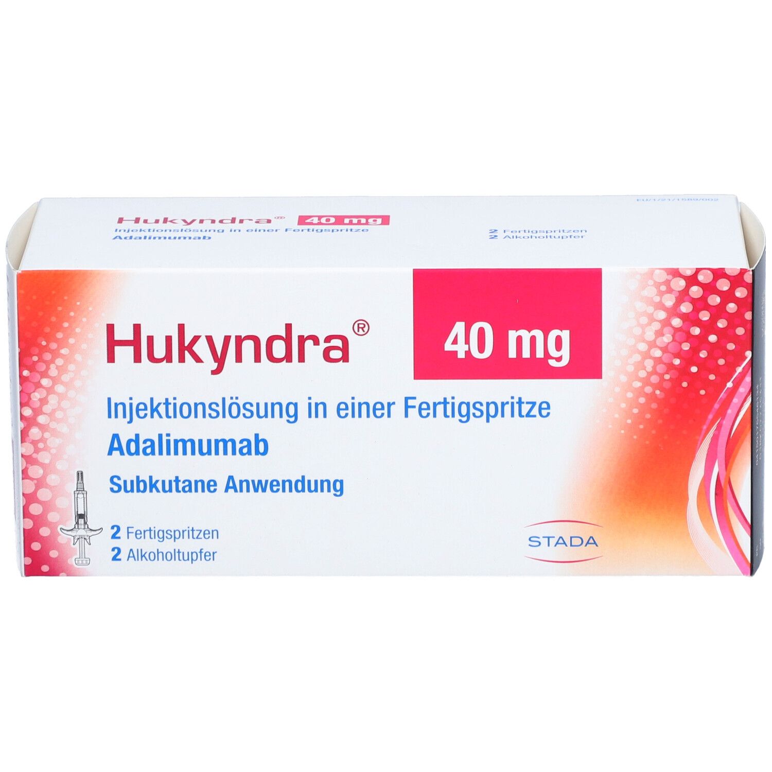 Hukyndra-Verpackung. Aufschrift: 40 mg, Injektionslösung in Fertigspritze. Enthält 2 Fertigspritzen und Alkoholtupfer. STADA-Logo.