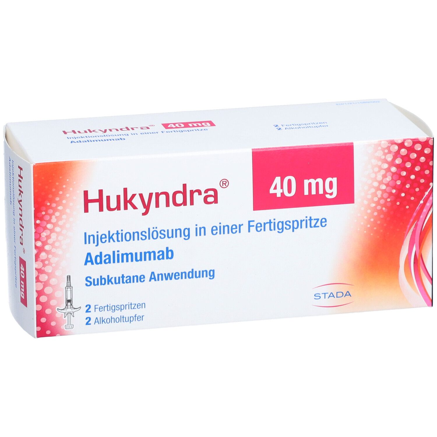 Hukyndra-Verpackung. Aufschrift: 40 mg, Injektionslösung in Fertigspritze. Enthält 2 Fertigspritzen und Alkoholtupfer. STADA-Logo.