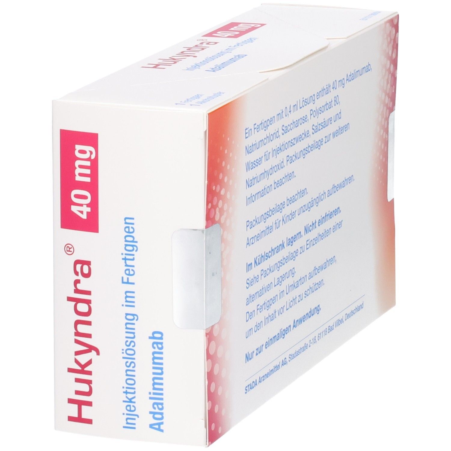 Hukyndra 40 mg, Adalimumab Injektionslösung im Fertigpen. Enthält 1 Fertigpen und 1 Alkoholtupfer.