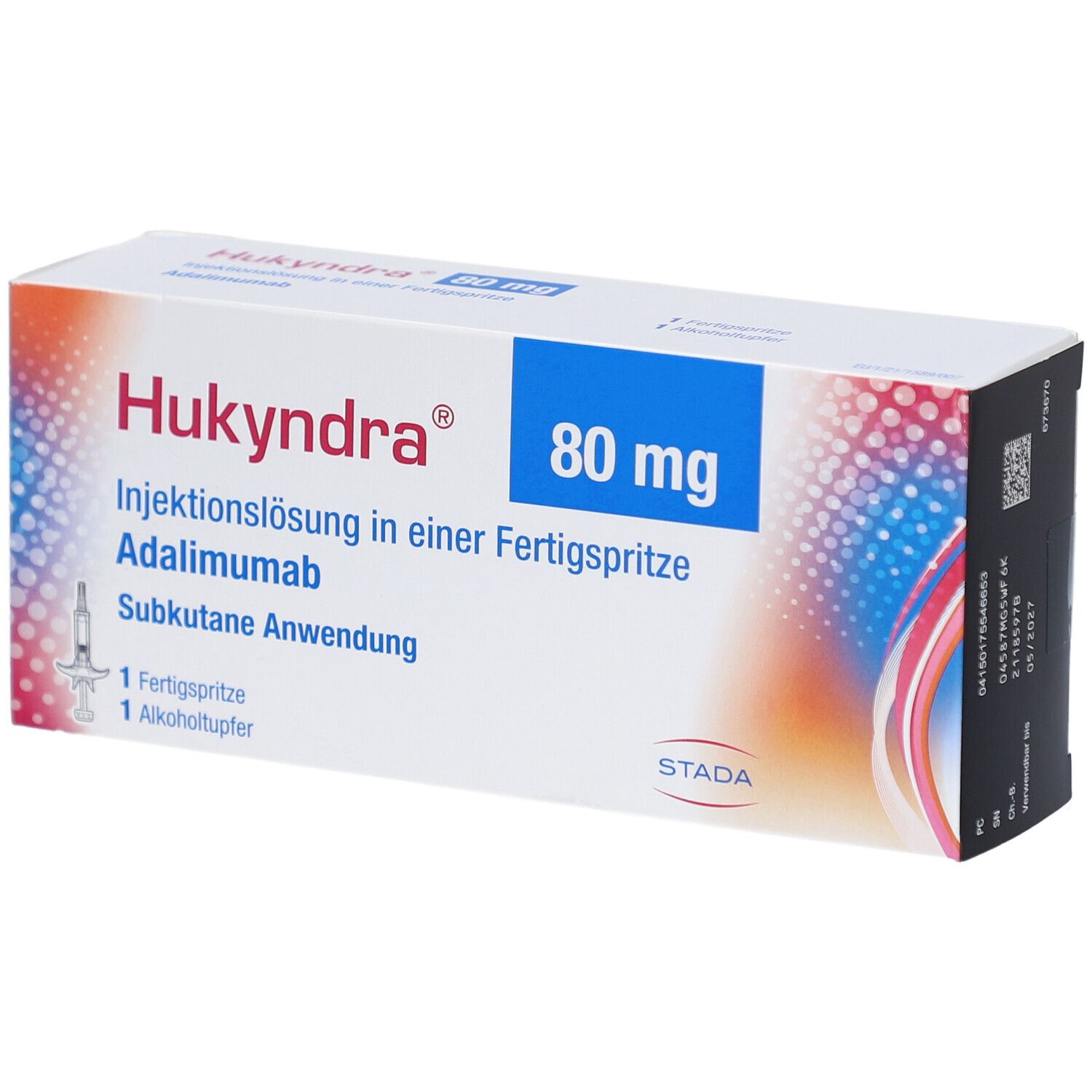 Hukyndra 80 mg Fertigspritze. Injektionslösung. Packung mit Spritze und Alkoholtupfer. STADA Logo.