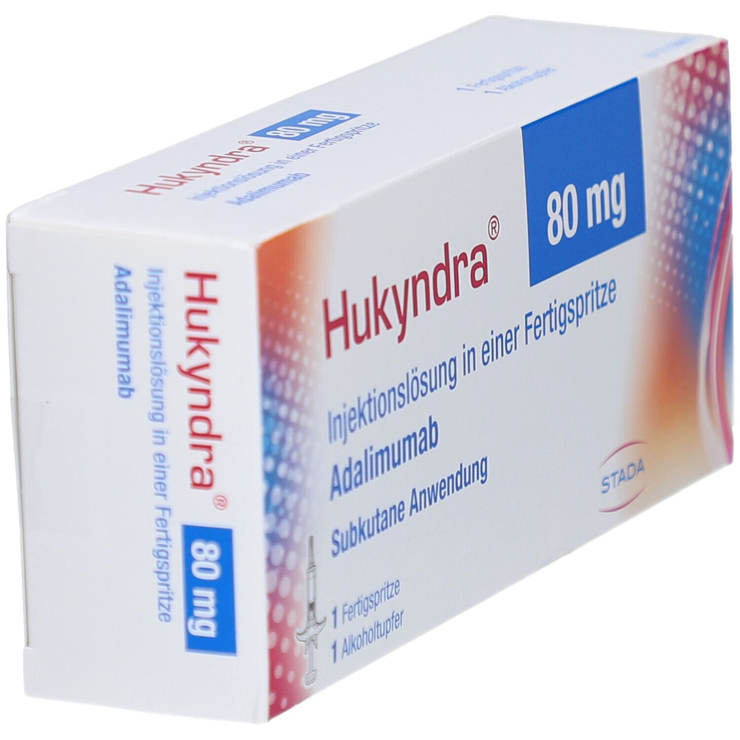 Hukyndra 80 mg Fertigspritze. Injektionslösung. Packung mit Spritze und Alkoholtupfer. STADA Logo.