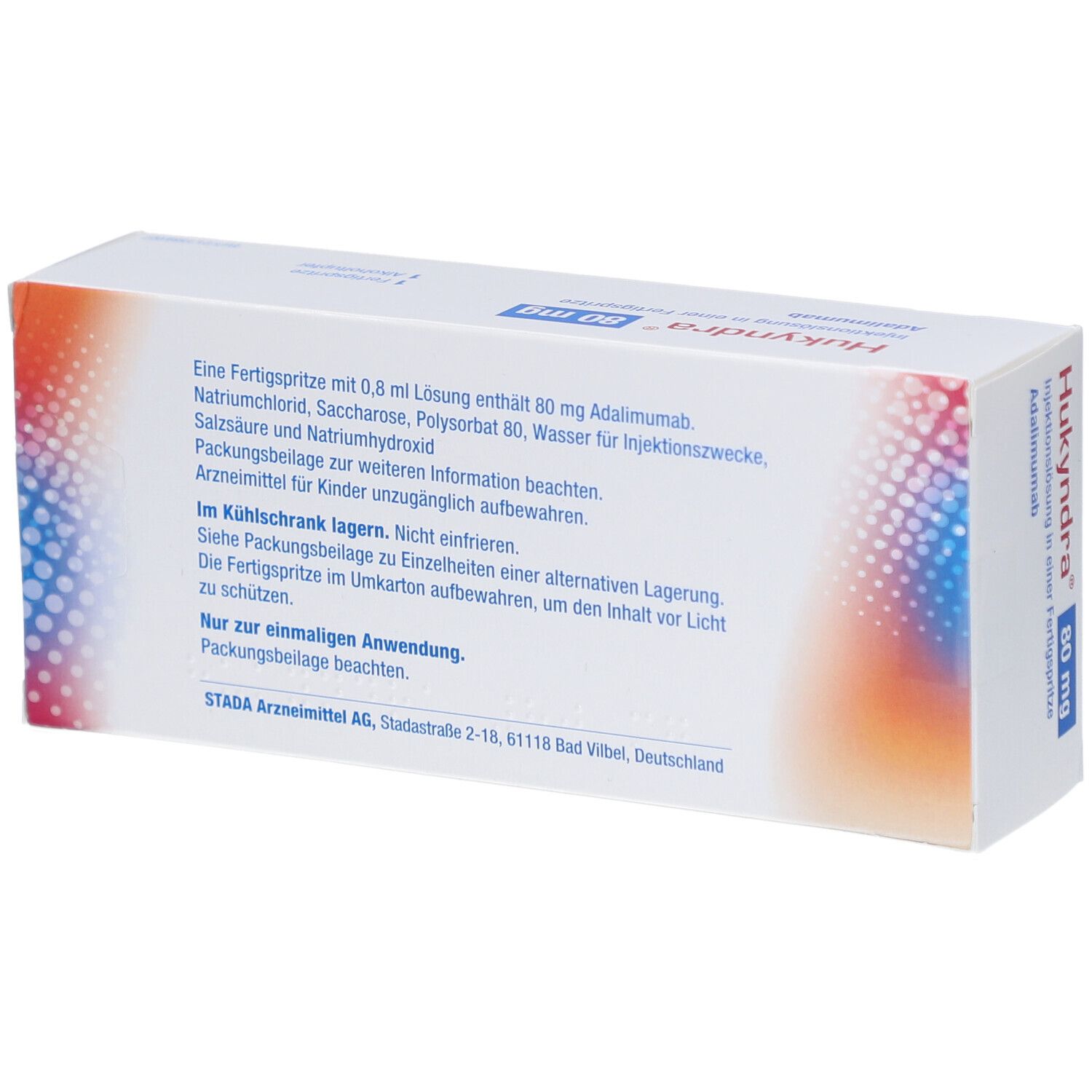 Rückseite der Hukyndra 80 mg Packung. Text mit Inhaltsstoffen und Anwendungshinweisen. STADA Logo.