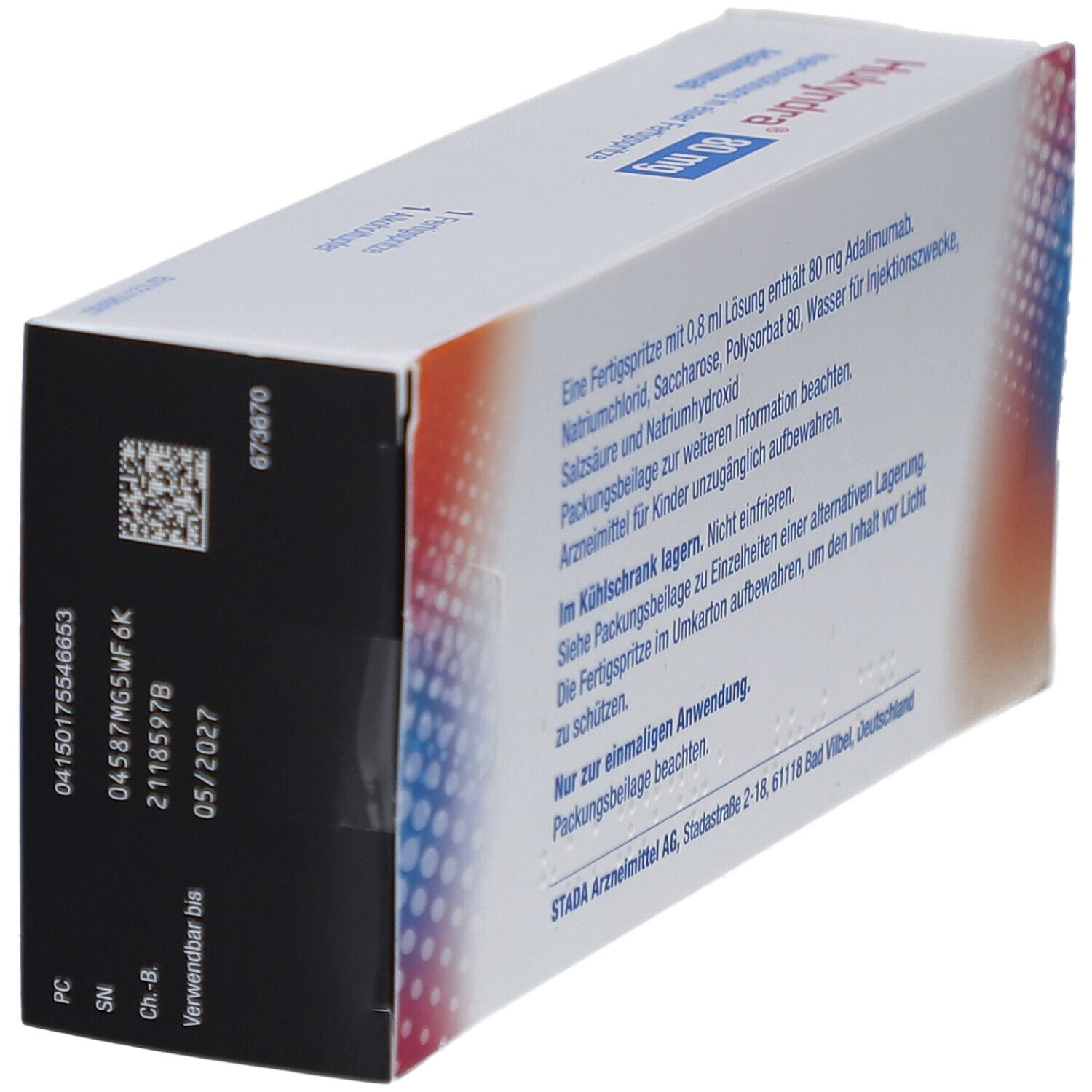 Hukyndra 80 mg Packung. Rückseite mit Text, Barcode und Verfallsdatum. STADA Logo.