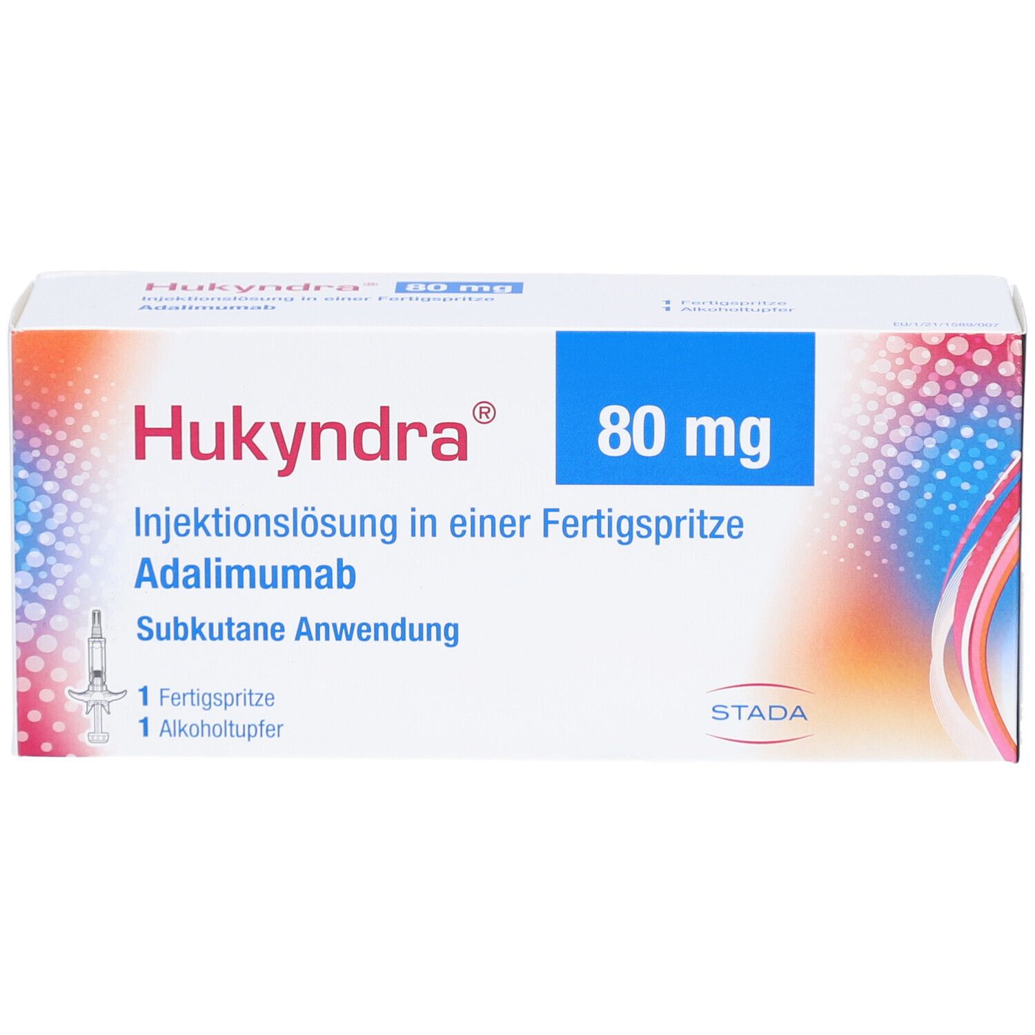 Hukyndra 80 mg Fertigspritze. Injektionslösung. Packung mit Spritze und Alkoholtupfer. STADA Logo.